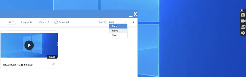 Le opzioni di ordinamento all'interno di ScreenRec Gallery.