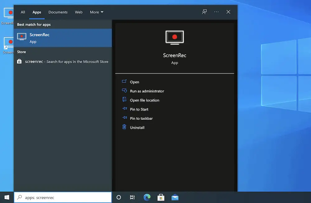 Trovare ScreenRec nel menu di ricerca di Windows.