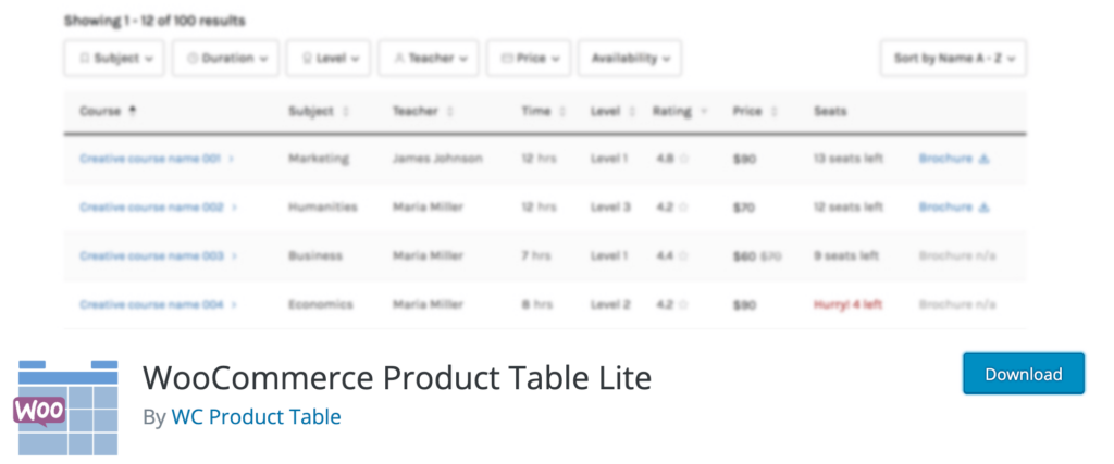 Plugin WooCommerce Product Table Lite.