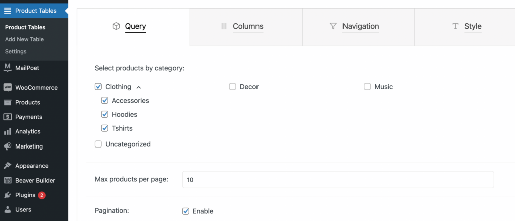 Fila de interogare din pluginul WooCommerce Product Table Lite.