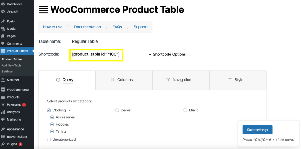 Cod scurt pentru Tabelul de produse WooCommerce.