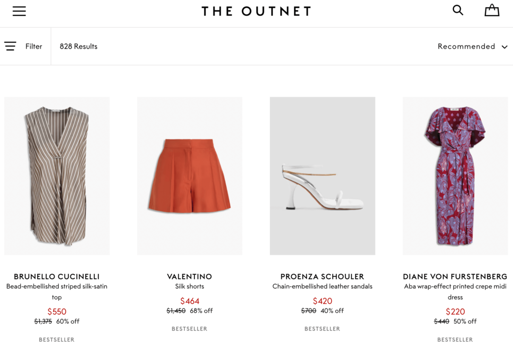 Pagina de produse Outnet.