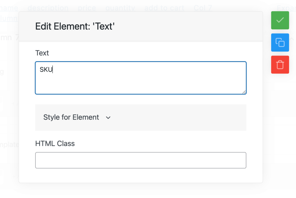 Editarea elementului „text” din coloană.
