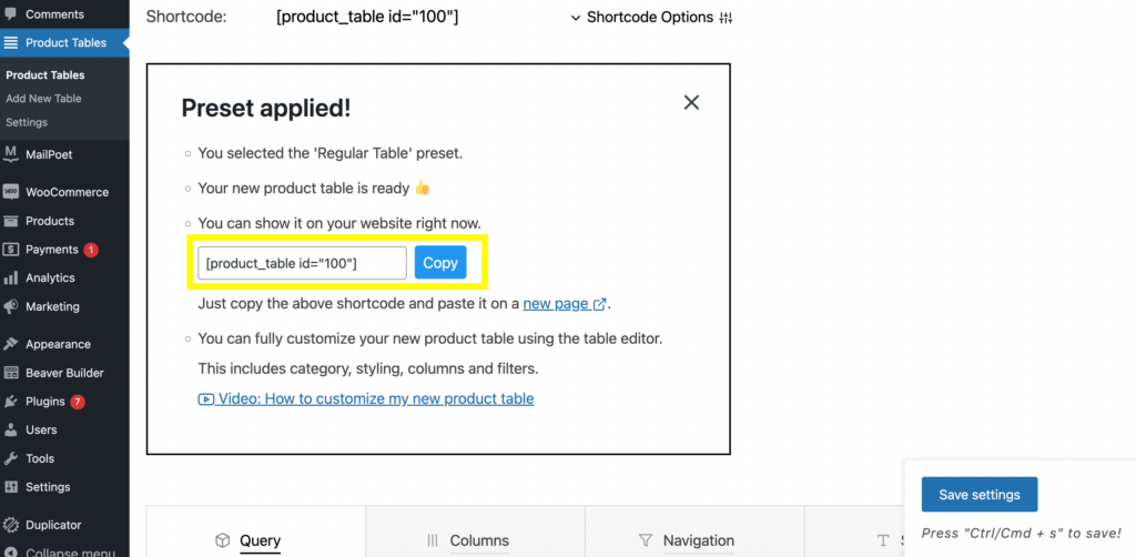 Tabelele cu produse pe tabloul de bord WordPress.