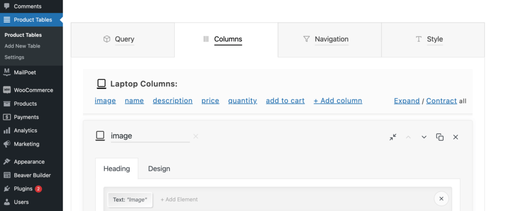 Fila Coloane, în WooCommerce Product Tables Lite.