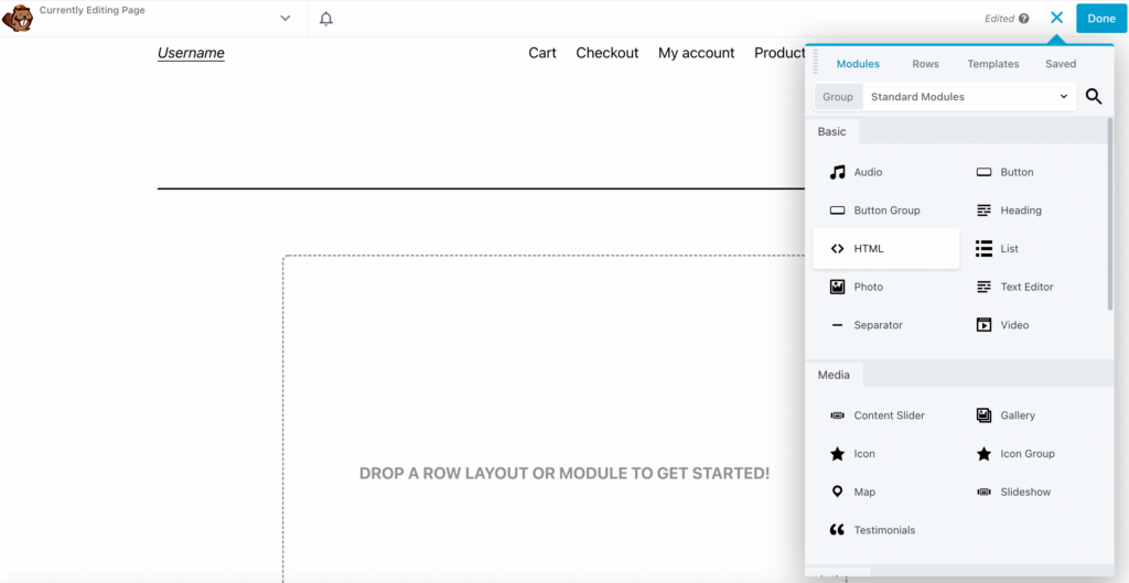 Modul HTML pe frontend folosind Beaver Builder.