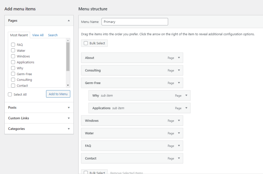 ตัวแก้ไขเมนู WordPress จะปรากฏขึ้น