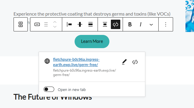 ภาพระยะใกล้ของตัวเลือกในการแก้ไขปุ่มใน WordPress