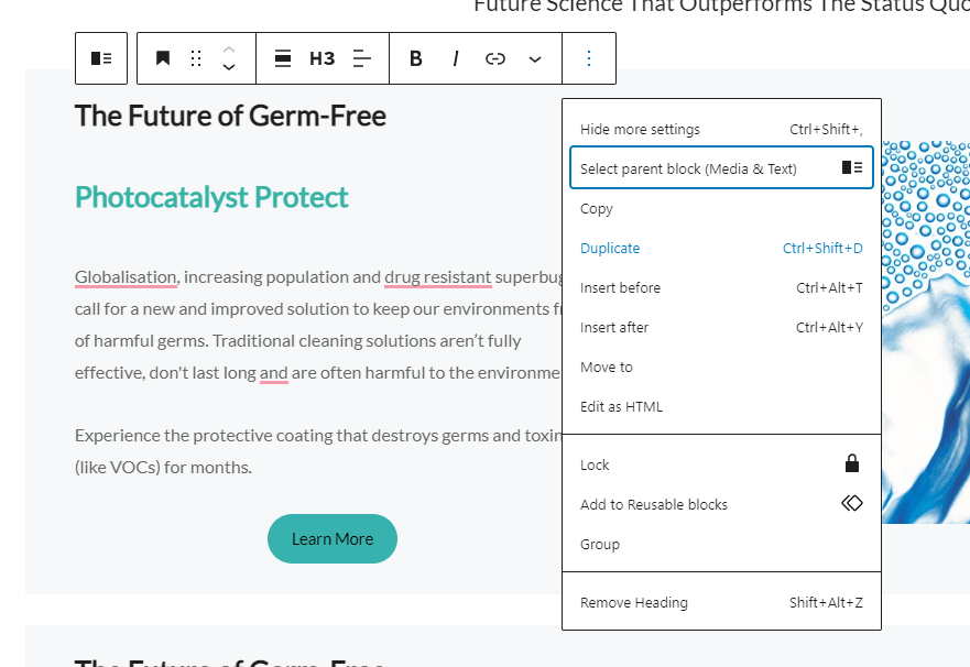 มุมมองโดยละเอียดของเมนู Select parent block ใน WordPress