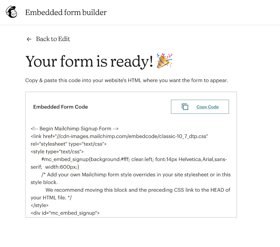 フォームコードをコピーして埋め込みます