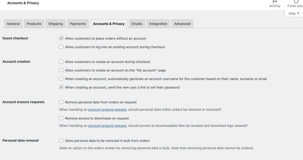 woocommerce 帳戶和隱私設置