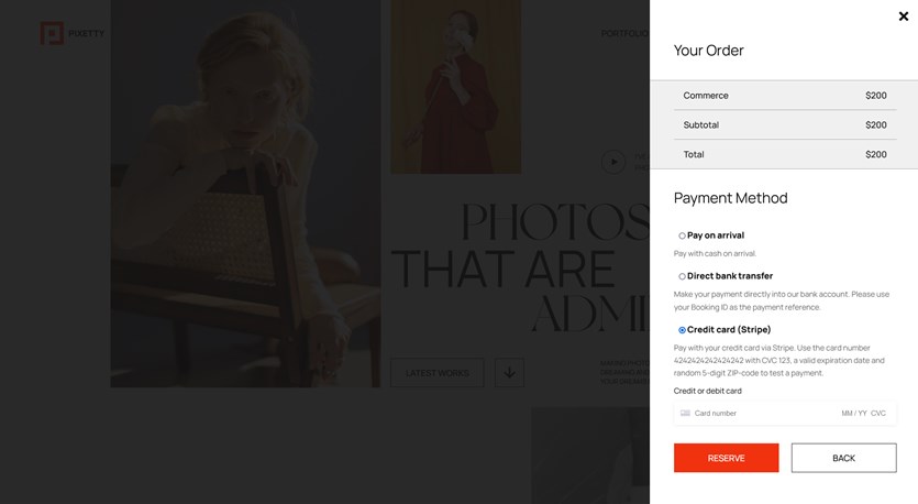 pagina di pagamento del widget di prenotazione