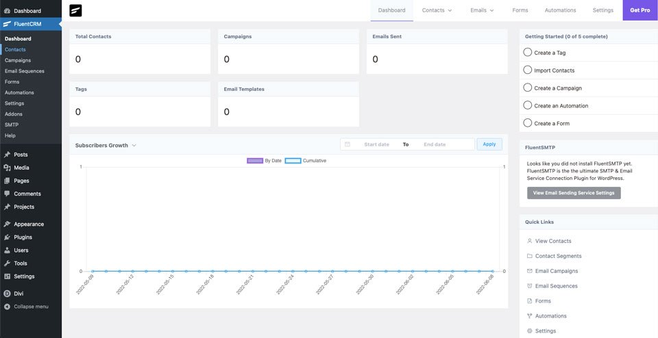 FluentCRM kontrol paneli