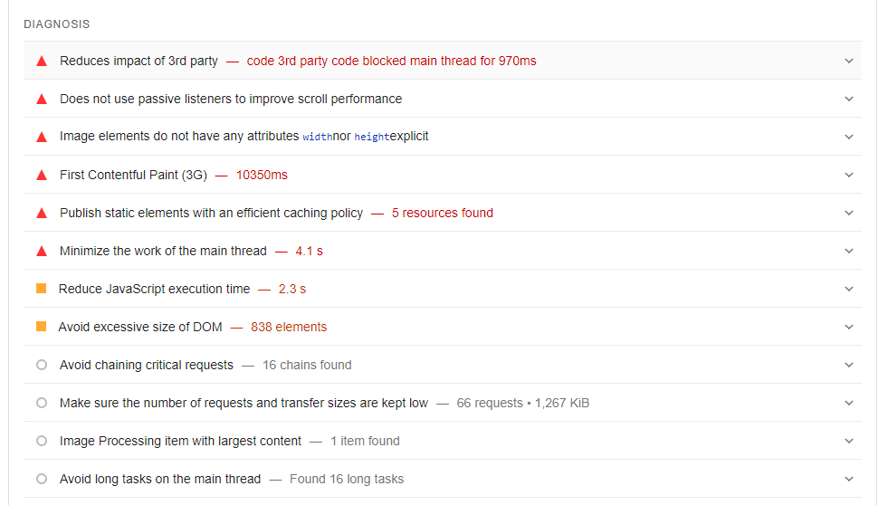 elenco dei miglioramenti da PageSpeed Insights