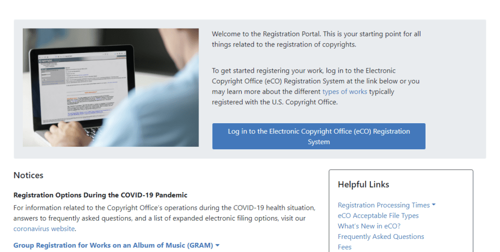 Fare clic sul collegamento richiesto per avviare la registrazione del sito Web di copyright