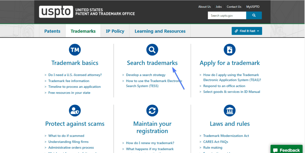 Link per la ricerca del marchio - Sito Web di copyright