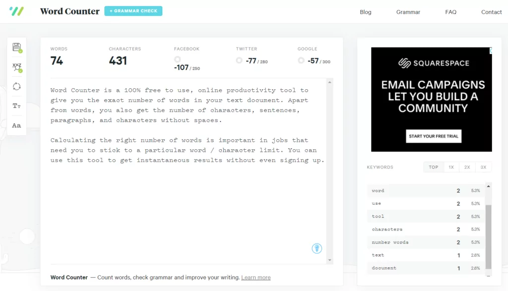 Wordcounter.io صفحة ويب عداد الكلمات