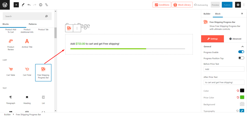 كيفية تحرير صفحة عربة WooCommerce باستخدام ProductX 6 Free Shipping Progress Bar