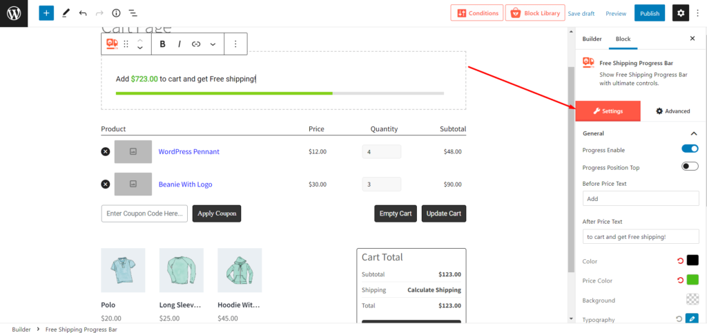 كيفية تحرير صفحة عربة WooCommerce باستخدام ProductX 12 Editing Options Free Shipping Progress Barl