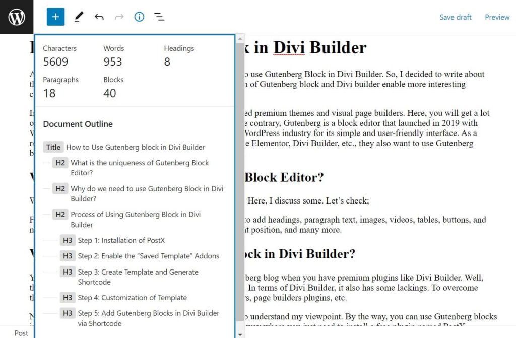خطوات بسيطة لاستخدام كتل جوتنبرج في Divi Builder 4 document outline option