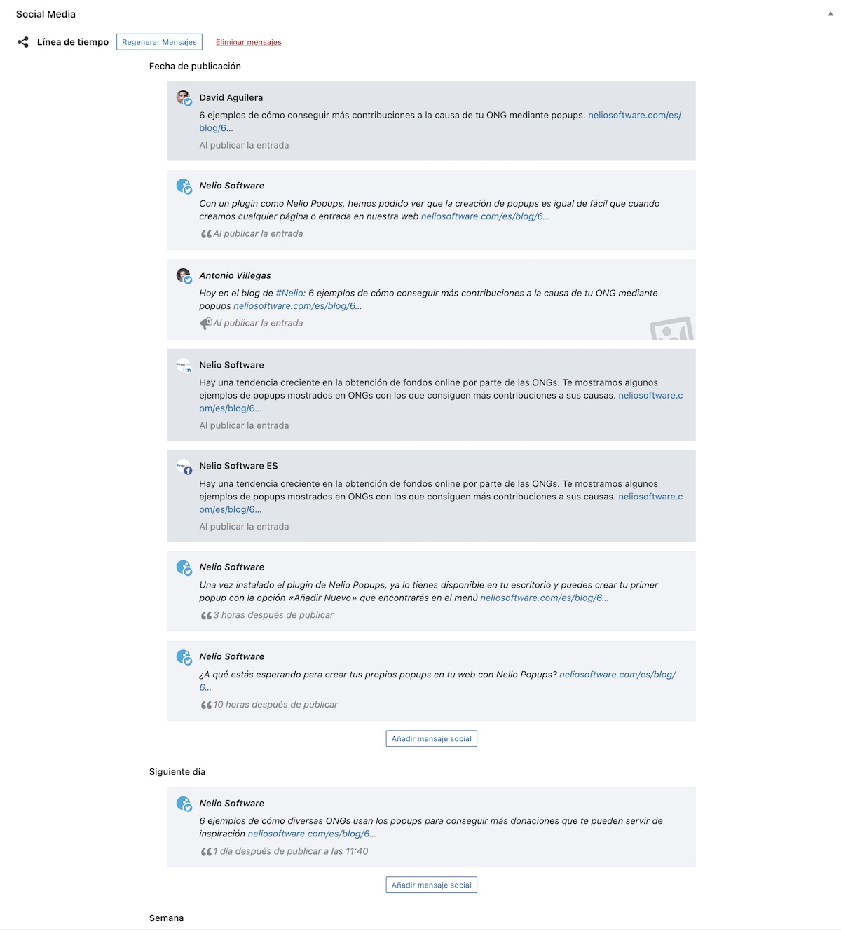 스페인 소셜 미디어에 게시될 자동 및 수동 메시지를 결합한 소셜 타임라인.