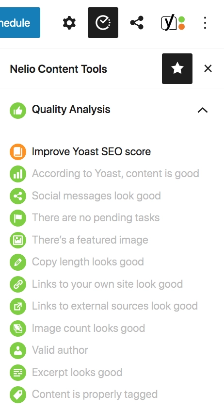 Yoast SEO가 통합된 것을 확인할 수 있는 Nelio Content의 품질 분석 스크린샷