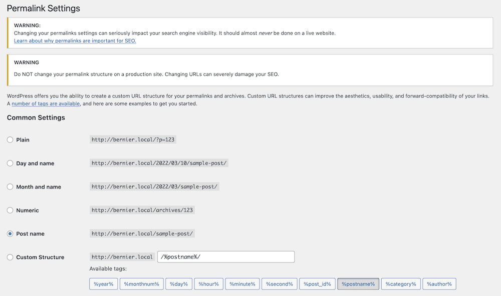 Tela de configurações de link permanente do Wordress.