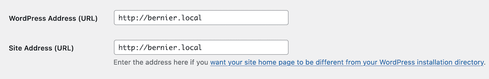 Os campos para o URL do endereço do WordPress e o URL do endereço do site.