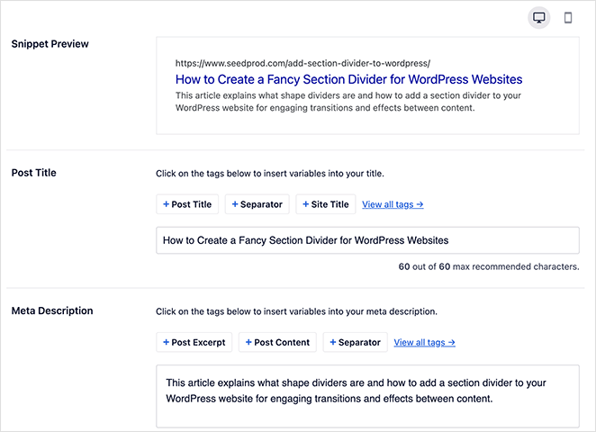 configurações de SEO na página - SeedProd All in one seo on-page optimization