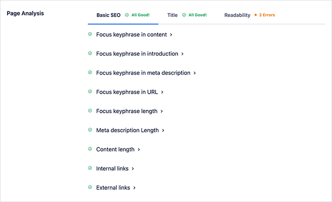 lista de verificação de análise de página de seo - SeedProd AIOSEO page analysis