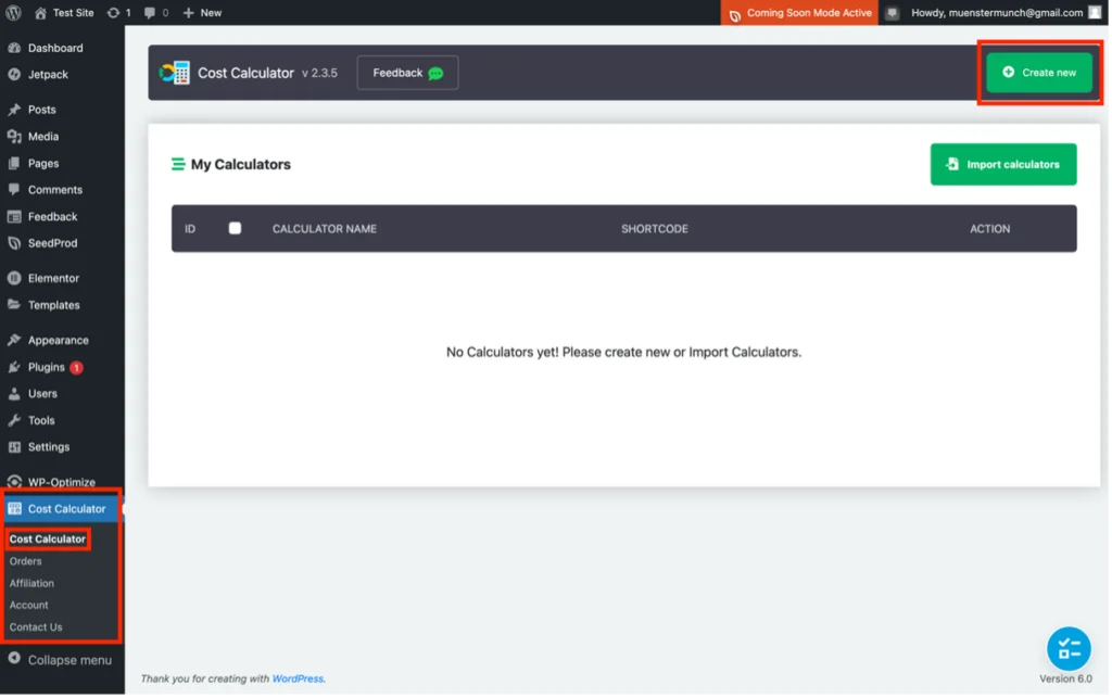 Panel Kalkulator Biaya di area admin WordPress