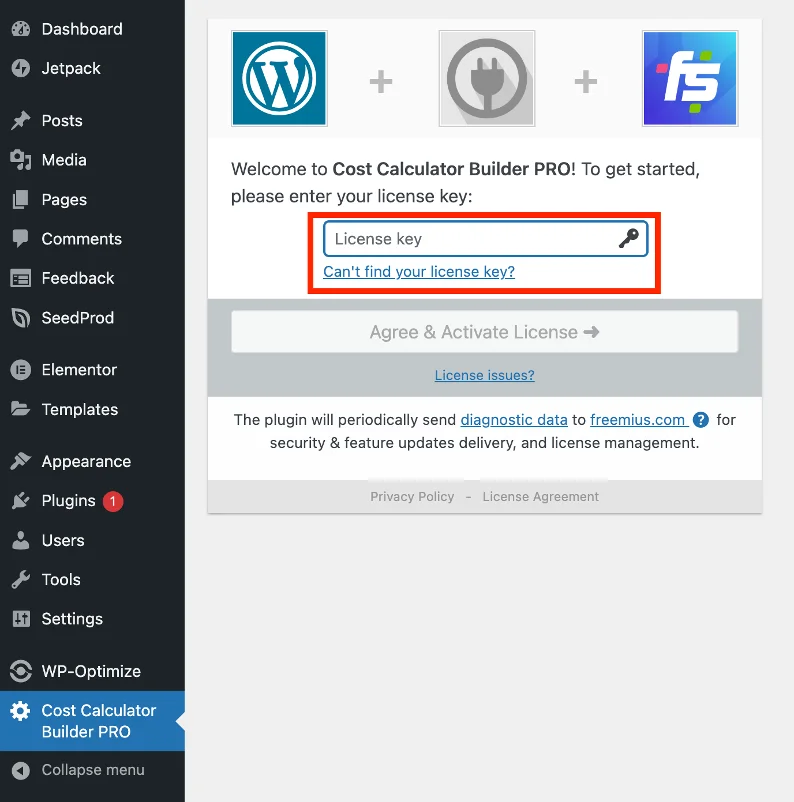 Tangkapan layar yang menunjukkan di mana Plugin Kalkulator Biaya untuk kunci lisensi WordPress dimasukkan