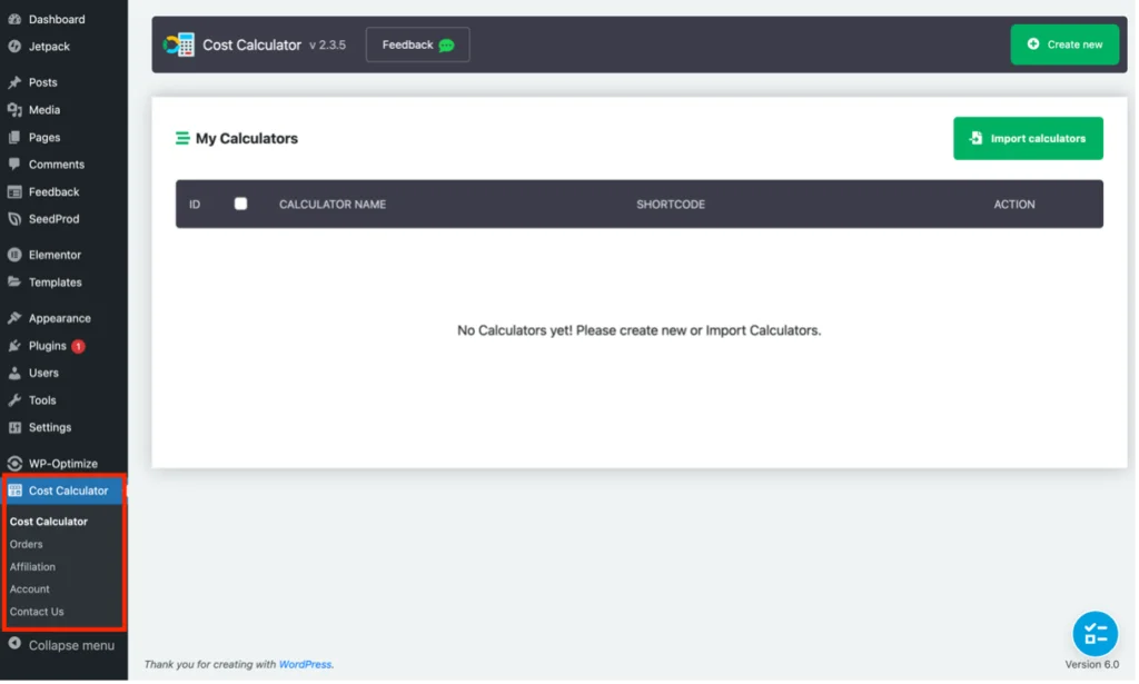 Lokasi menu Plugin Kalkulator Biaya di panel admin WordPress