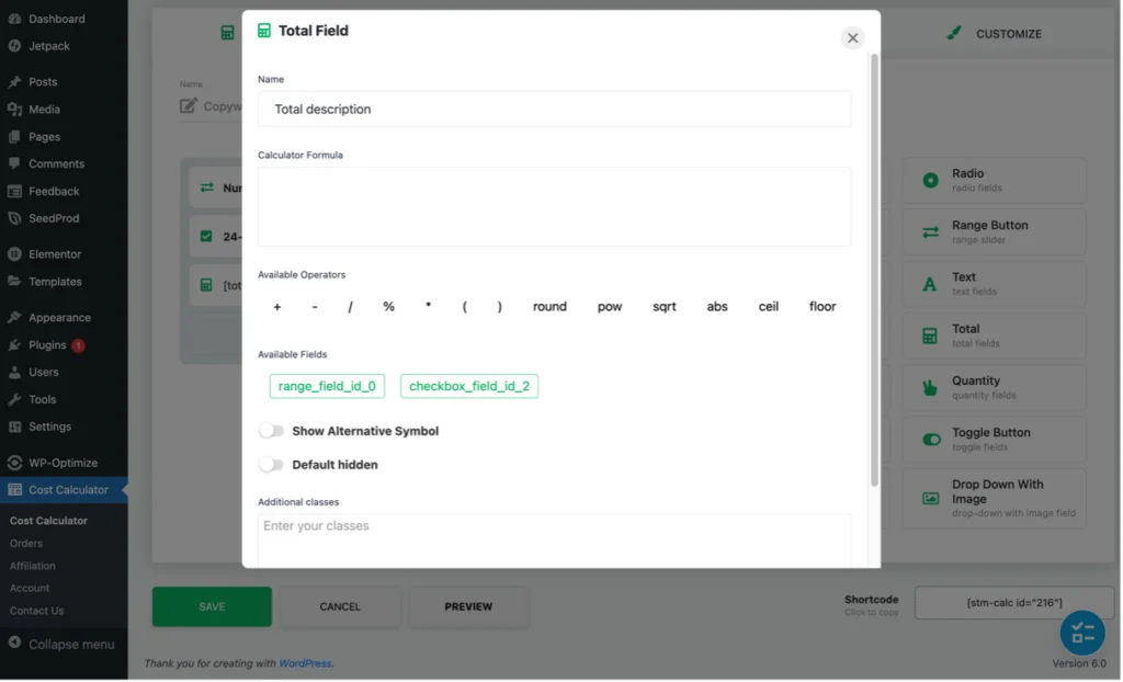 Panel konfigurasi elemen bidang