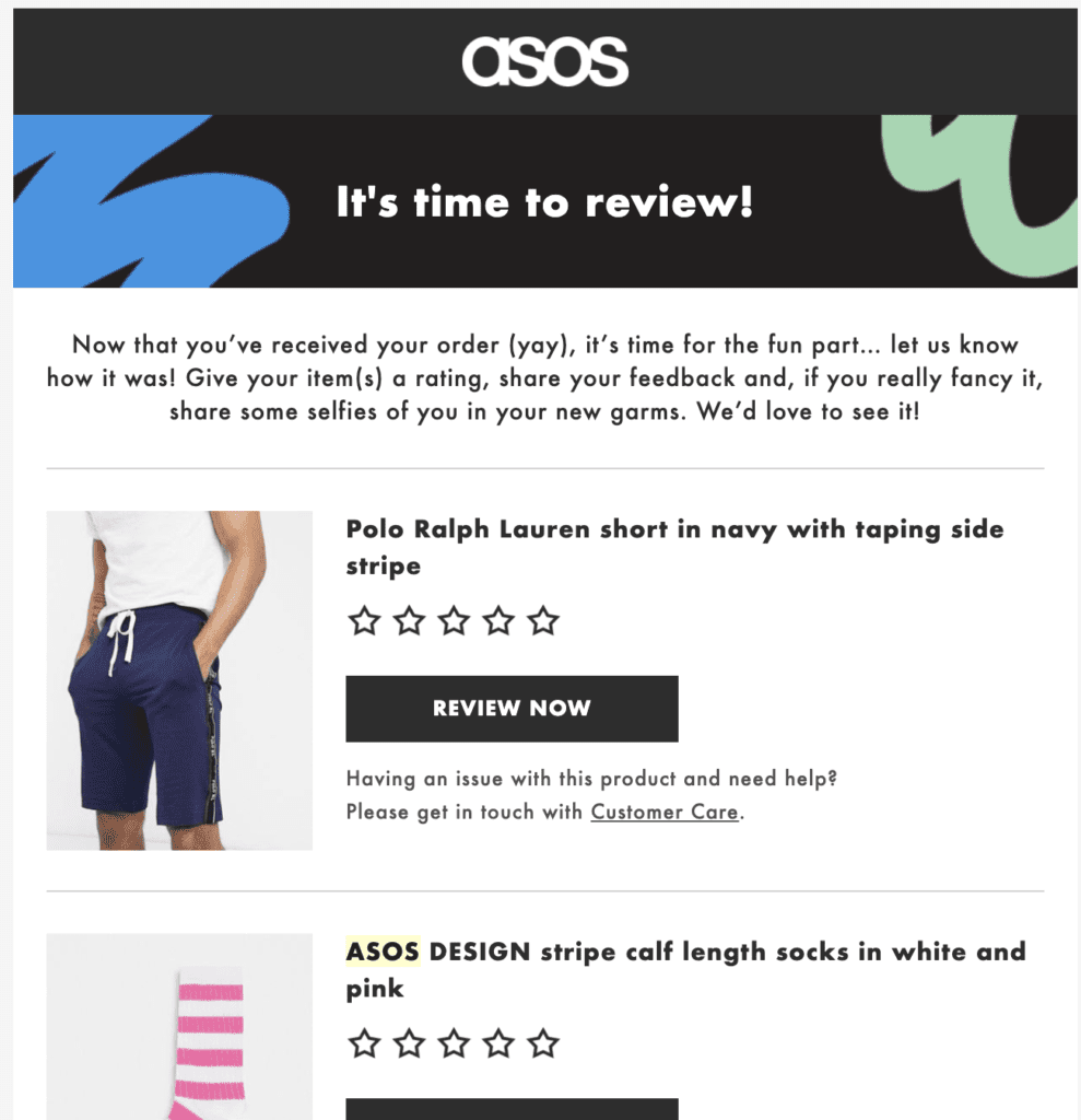 Asos-E-Mail-Beispiel zum Abrufen von Bewertungen