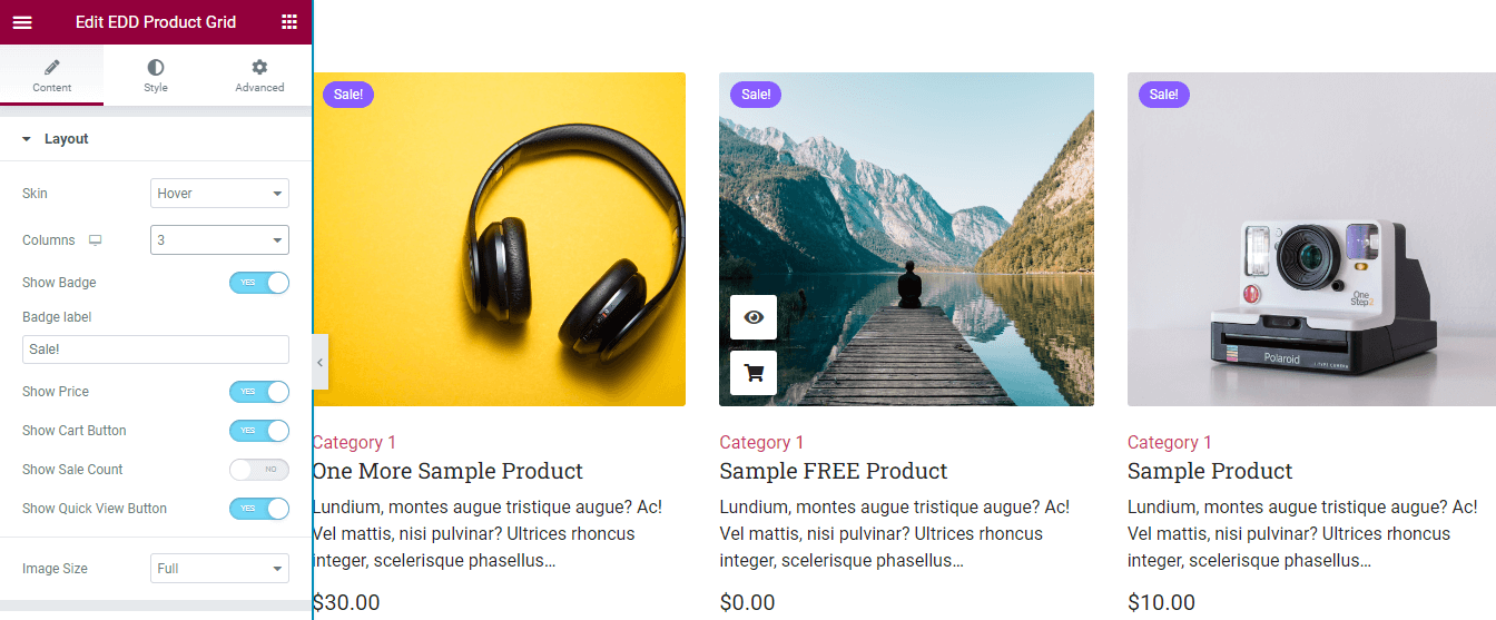Widget de cuadrícula de productos Easy Digital Downloads de Happy Addons: una manera fácil de decorar productos digitales 3 Content Layout Settings