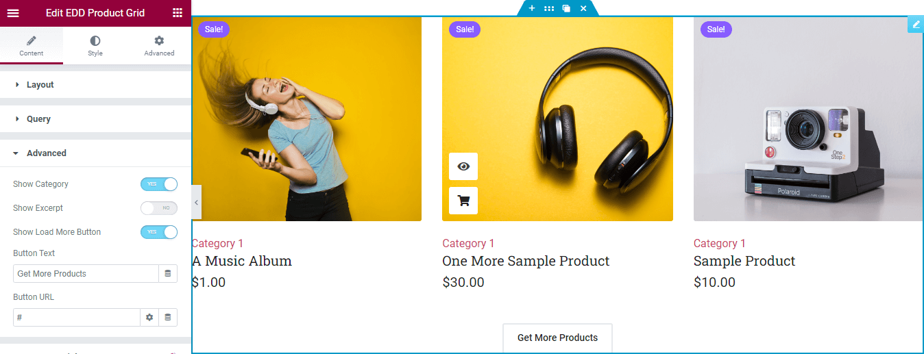 Widget de cuadrícula de productos Easy Digital Downloads de Happy Addons: una manera fácil de decorar productos digitales 6 Advanced Product Grid Content Settings