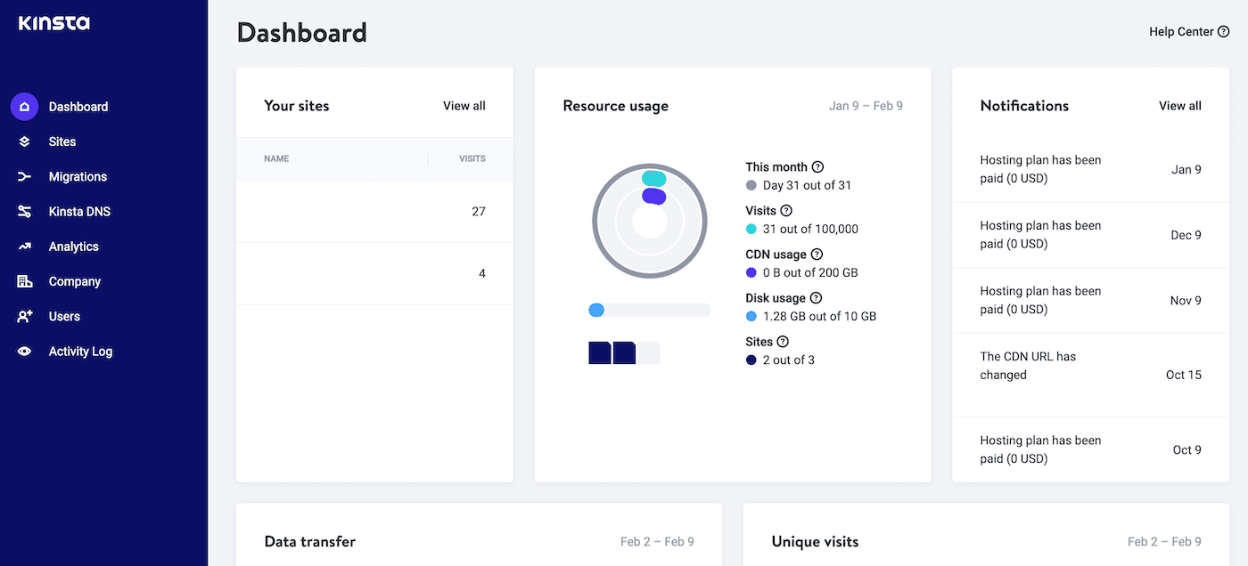 لوحة معلومات MyKinsta
