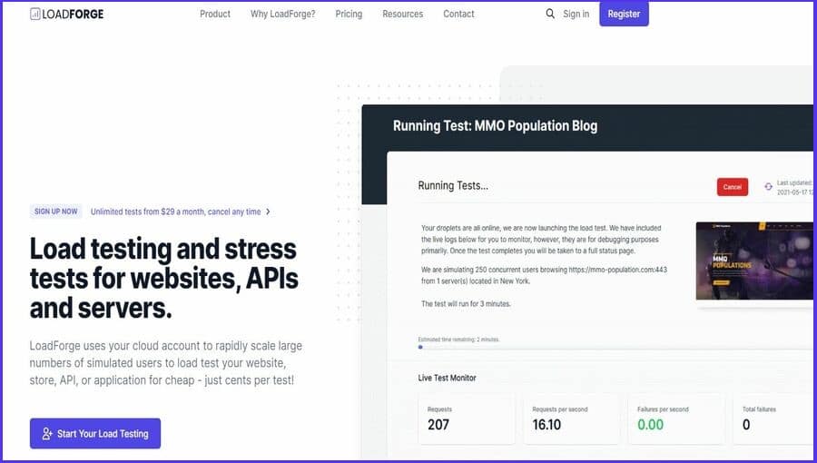 Screenshot der Homepage der LoadForge-Website