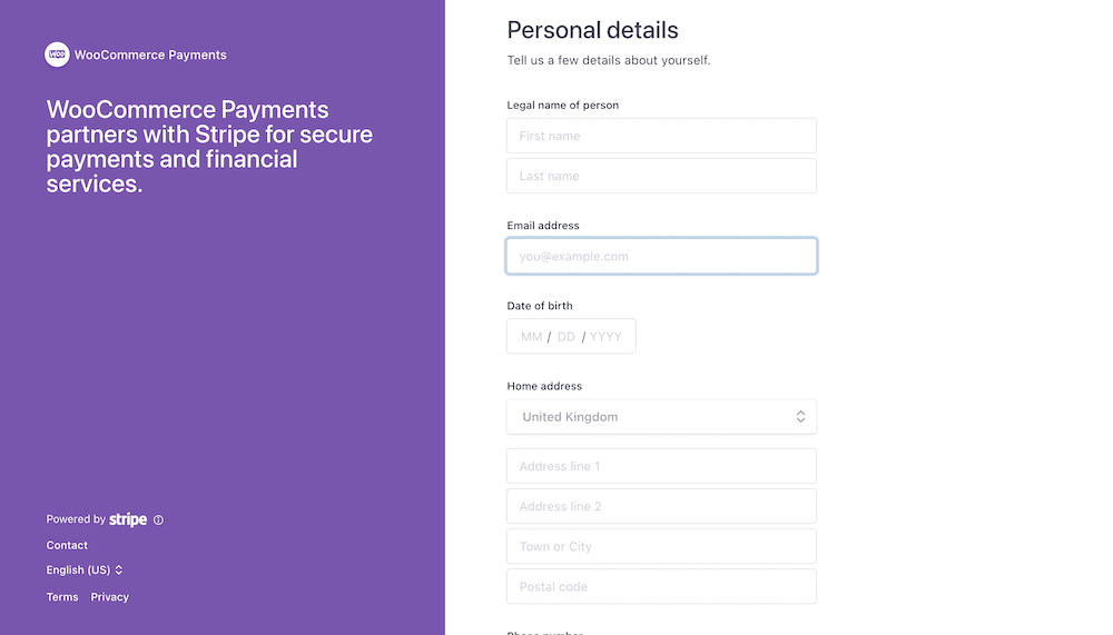 Der Überprüfungsbildschirm von WooCommerce Payments zeigt eine Reihe von Feldern, in denen nach einem Firmennamen und einer Adresse gefragt wird.