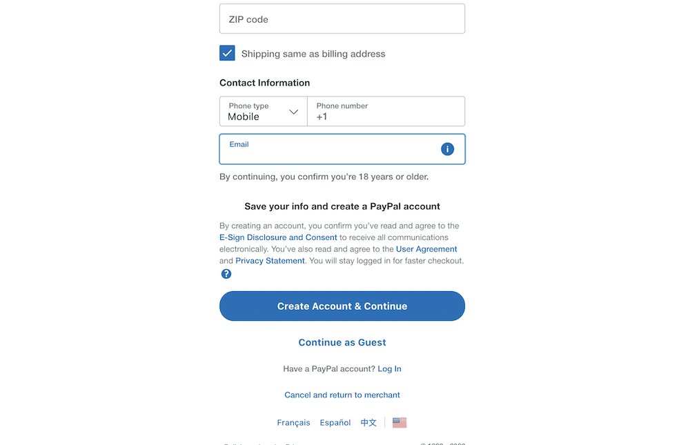 Die Checkout-Seite von PayPal mit Feldern für eine Postleitzahl, Handynummer und E-Mail-Adresse. Es gibt Offenlegungsinformationen und Links sowie eine blaue Schaltfläche, um ein Konto zu erstellen und mit der Kasse fortzufahren.