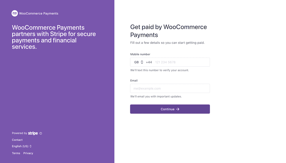 Ein Bestätigungsbildschirm für WooCommerce-Zahlungen, der Telefonnummern- und E-Mail-Felder zusammen mit einem violetten Begrüßungsbildschirm und einer violetten Schaltfläche anzeigt