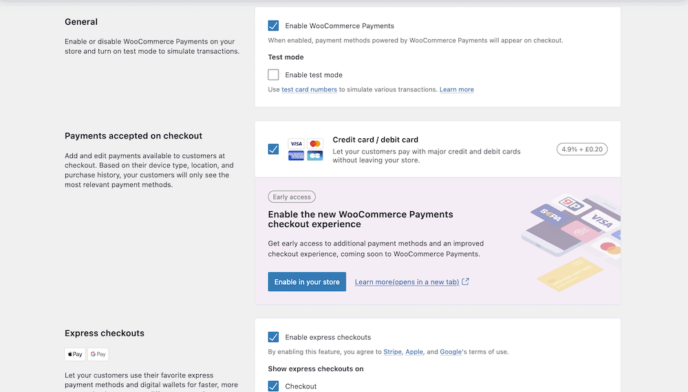 Der Bildschirm „WooCommerce-Zahlungseinstellungen“ mit Optionen zum Festlegen eines Testmodus, zum Aktivieren der Erweiterung und zum Aktivieren von Kredit- und Debitkarten.