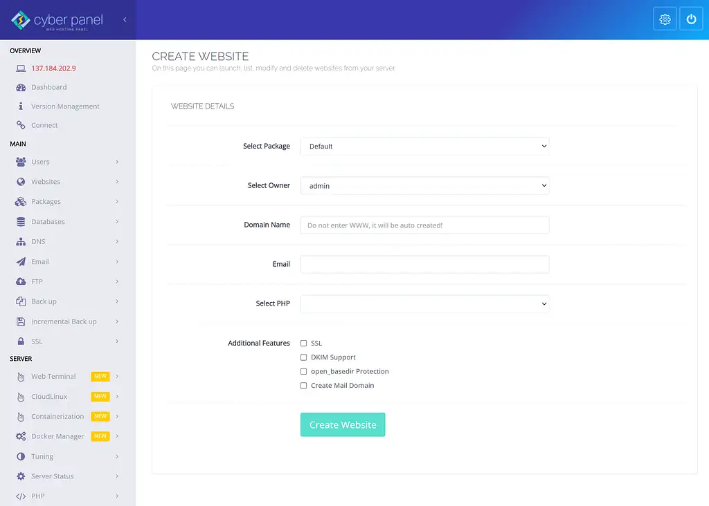 Membuat situs web CyberPanel