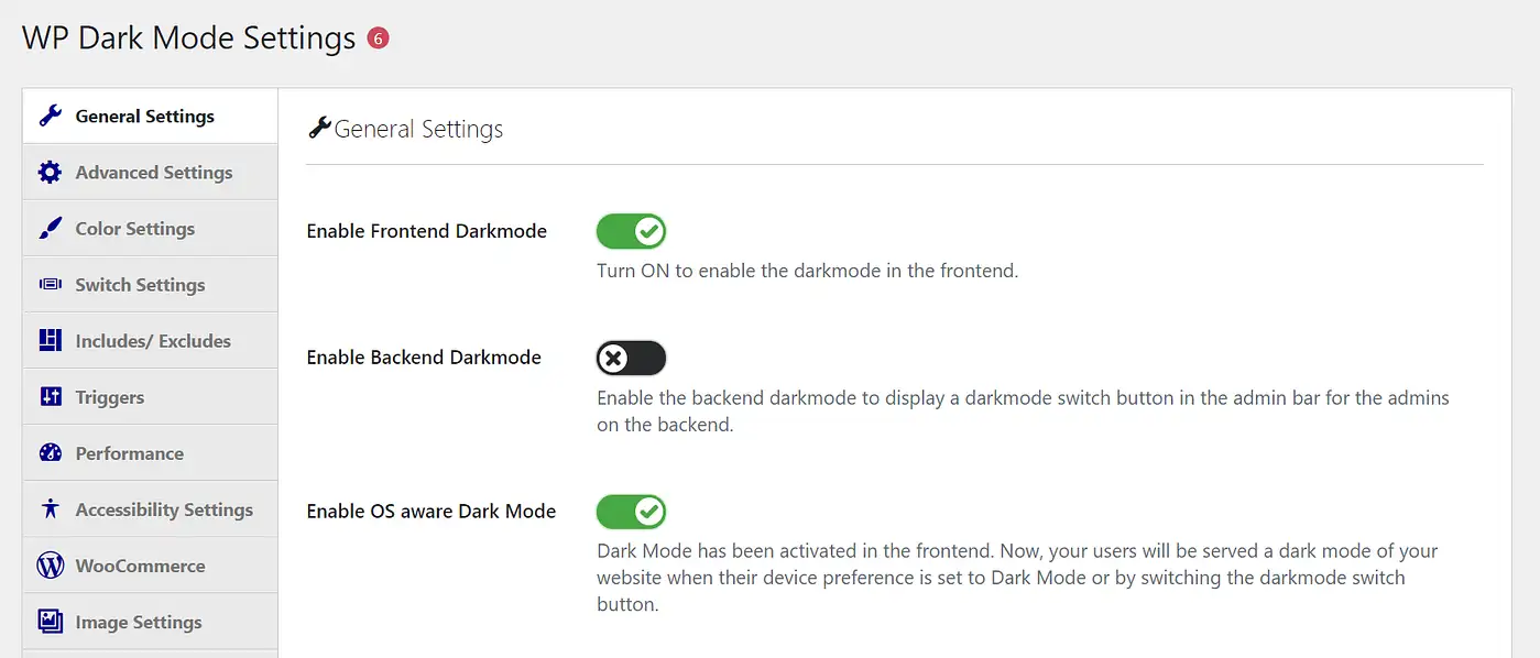 Pengaturan umum untuk plugin WP Dark Mode.