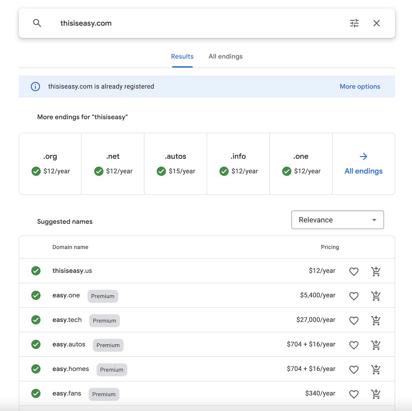 可通过 Google 购买的“thisiseasy.com”建议域名选择。最流行的顶级域 (TLD) 后缀显示在顶部,下面是其他类似的域名。价格从 12 美元/年到 27,000 美元/年不等。