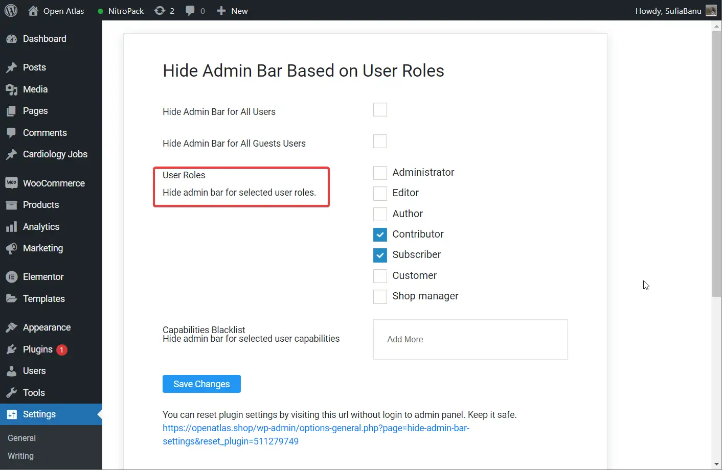 cara menyembunyikan bilah admin untuk peran pengguna dengan plugin