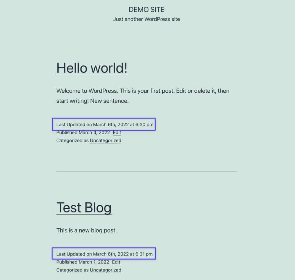 この方法では、メインのブログ/アーカイブページで最終更新日も表示されます
