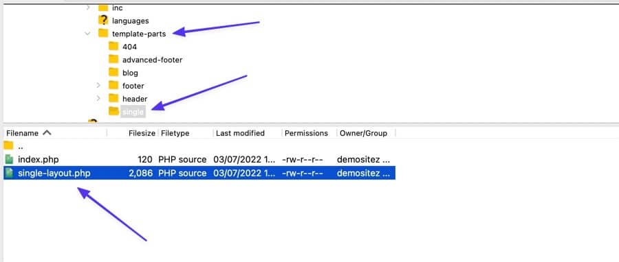single-layout.phpファイルを開きます