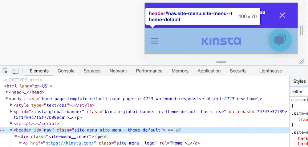 Brave 瀏覽器中的 Inspect Element 工具,顯示部分 HTML 代碼,突出顯示“標題”標籤,以及在小屏幕設備上顯示的 Kinsta 主頁的一部分。